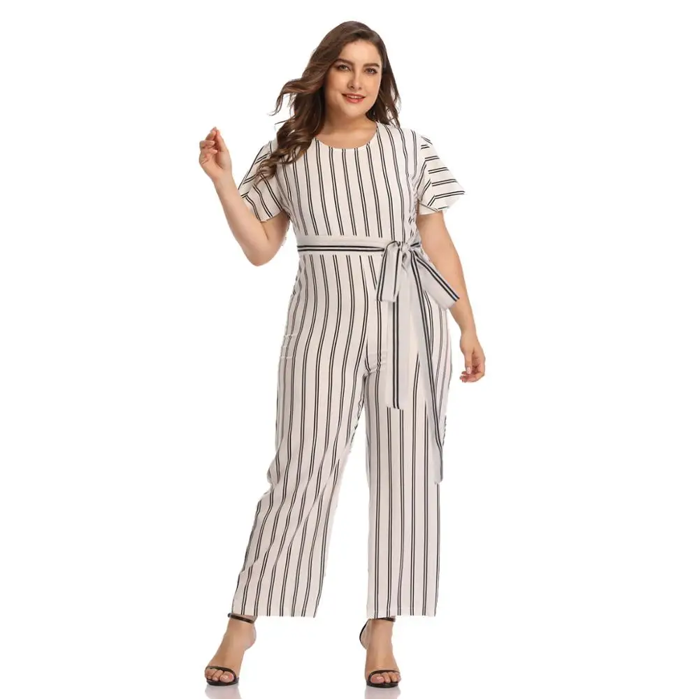

Summer Plus Size 3XL 4XL Striped Jumpsuits Women Sashes O-Neck Flare Sleeve Loose Long Pants Printed Elegant Jumpsuits Ladies