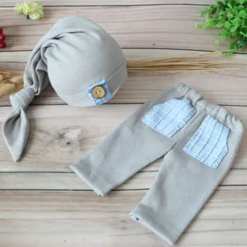 

Gray Baby Boys Clothes Newborn Pants Set Knot Infant Hat with Button Baby Nightcap Newborn Overalls Trousers Photography Props