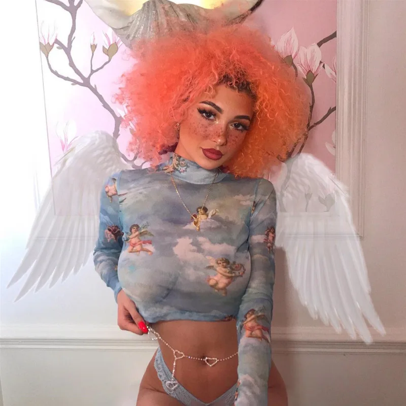 

2019 Ocasional New Cupid Angel Print Blue Mesh Turtleneck Long Sleeve Crop Top Graphic Tees Women Harajuku T Shirt Spring