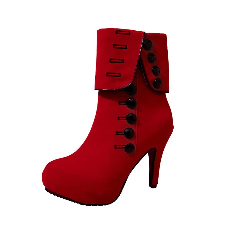 Fashion Women Ankle Boots High Heels Fashion Red Shoes Woman Platform Flock Buckle Boots Ladies Shoes Female PLUE 42 - Color: Red