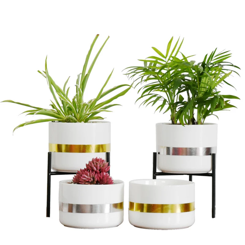 Europe Small Plants Ceramic Flower Pot White Succulent Planter Garden Bonsai Pots with Geometric Iron Rack Holder Flowerpot Set | Дом и сад