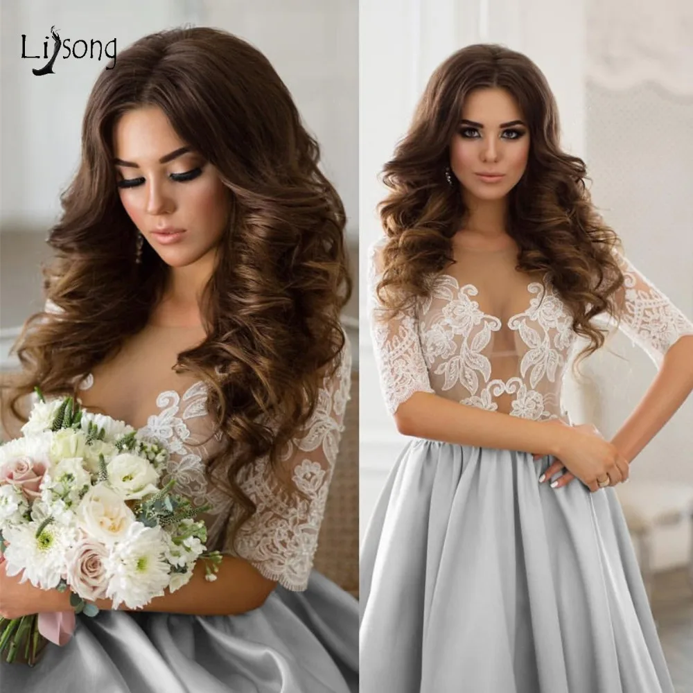 

Romantic Lace Evening Dresses With Half Sleeves A-line Buttons Silver Prom Gowns 2019 Pretty Bridal Dresses Robe De Soiree