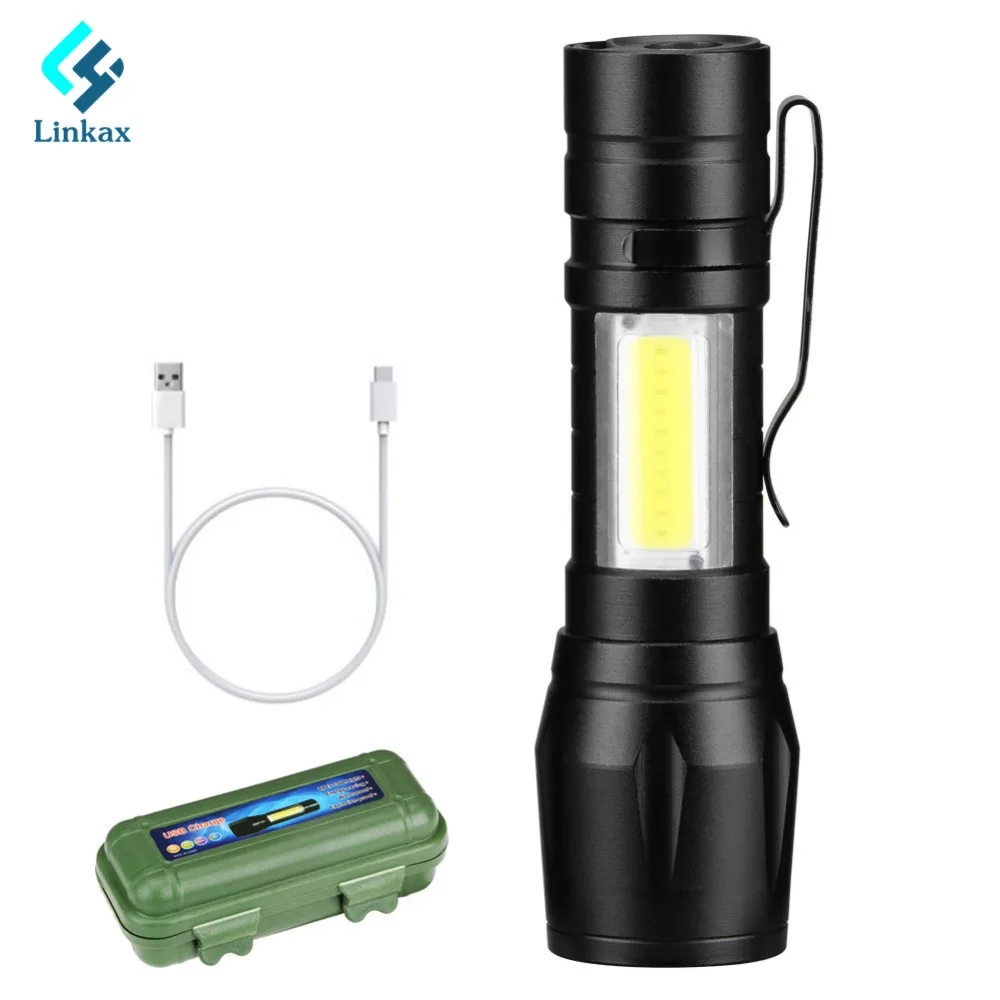 Newest USB Charging XPE+COB LED Flashlight Lamp Torch With Clip 3 Mode Zoomable Lamp Built in Battery with Box For Gift Light
