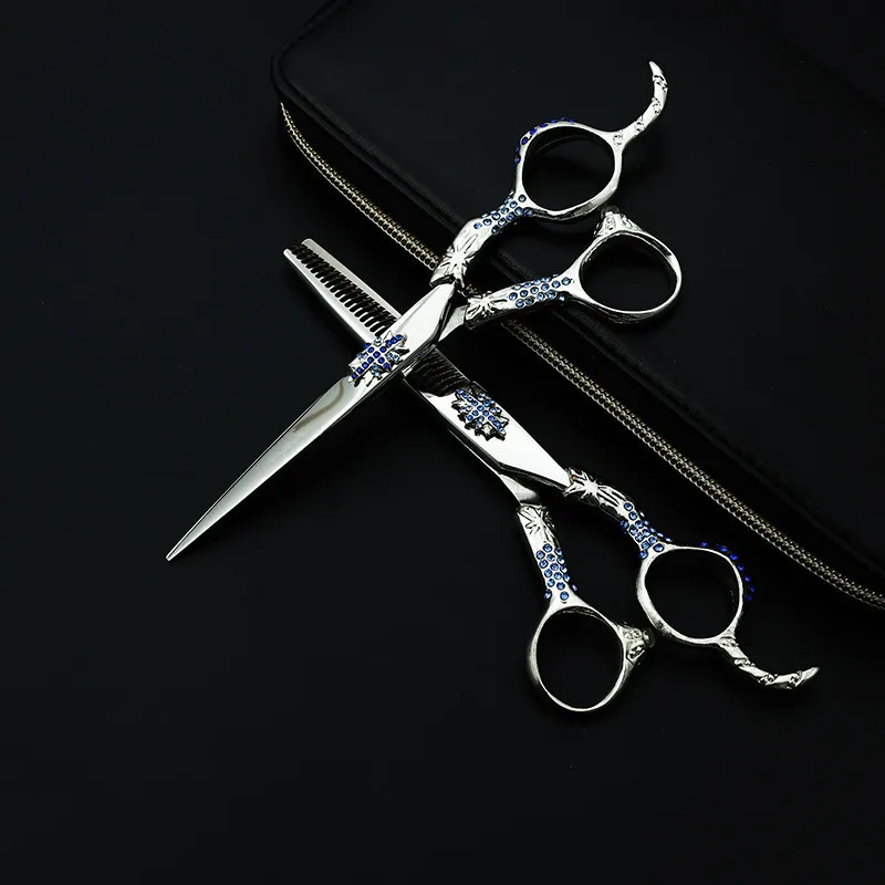Purple Dragon 6 Inch Blue Rhinestones Hair Shears Professinal Set