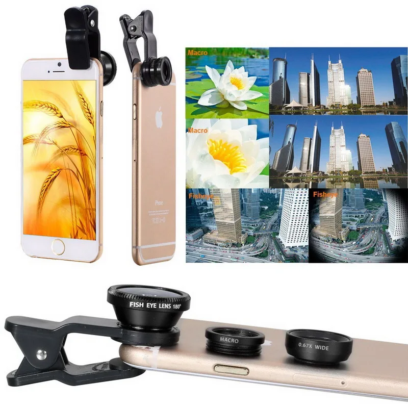 

3 In 1 Wide Angle Macro Fisheye Lens Kit Universal Mobile Phone Clip Fish Eye Lenses for Iphone Samsung Sony Xiaomi Mi6 Android