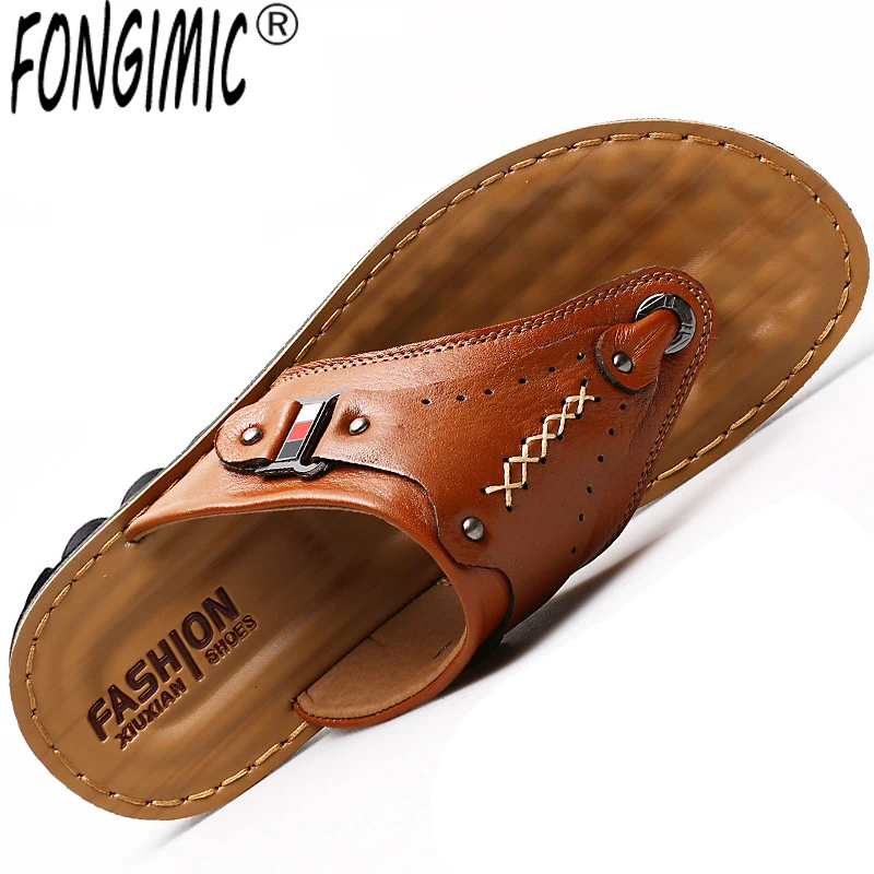 

Fongimic Leather Summer Men Slippers 2019 New Men's Casual Slippers Toe Sandals Soft Bottom Tide Flip Flops Slippers Men's Shoes