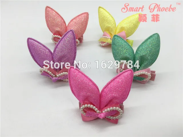 

Boutique 30pcs/6C Fashion Cute Glitter Rabbit Ears Girls Hairpins Kawaii Solid Hair Bow Animal Ears Hair Clips Headwear