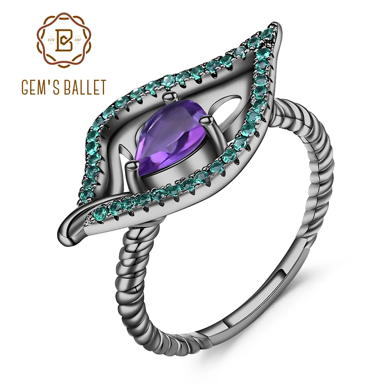 GEM'S BALLET, 0.70Ct, натуральный фиолетовый аметист, драгоценный камень, в форме листа, кольцо, 925 пробы, серебряное, неоготическое кольцо для женщин, хорошее ювелирное изделие