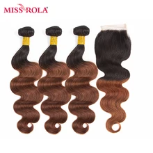 Miss Rola Hair Pre-colord Mongolian Body Wave Hair Weaving 3 Bundles With Closure #T1B/33 Color Human Non-Remy Hair Extension