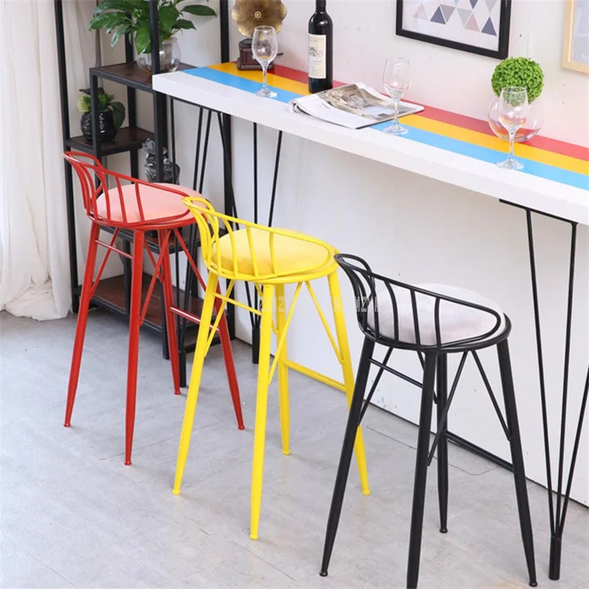 Creatove Modern Decorative Iron Art Bar Chair Metal Padded Leisure Coffee Counter Chair 4 Legs High Footstool Soft Seat Cushion