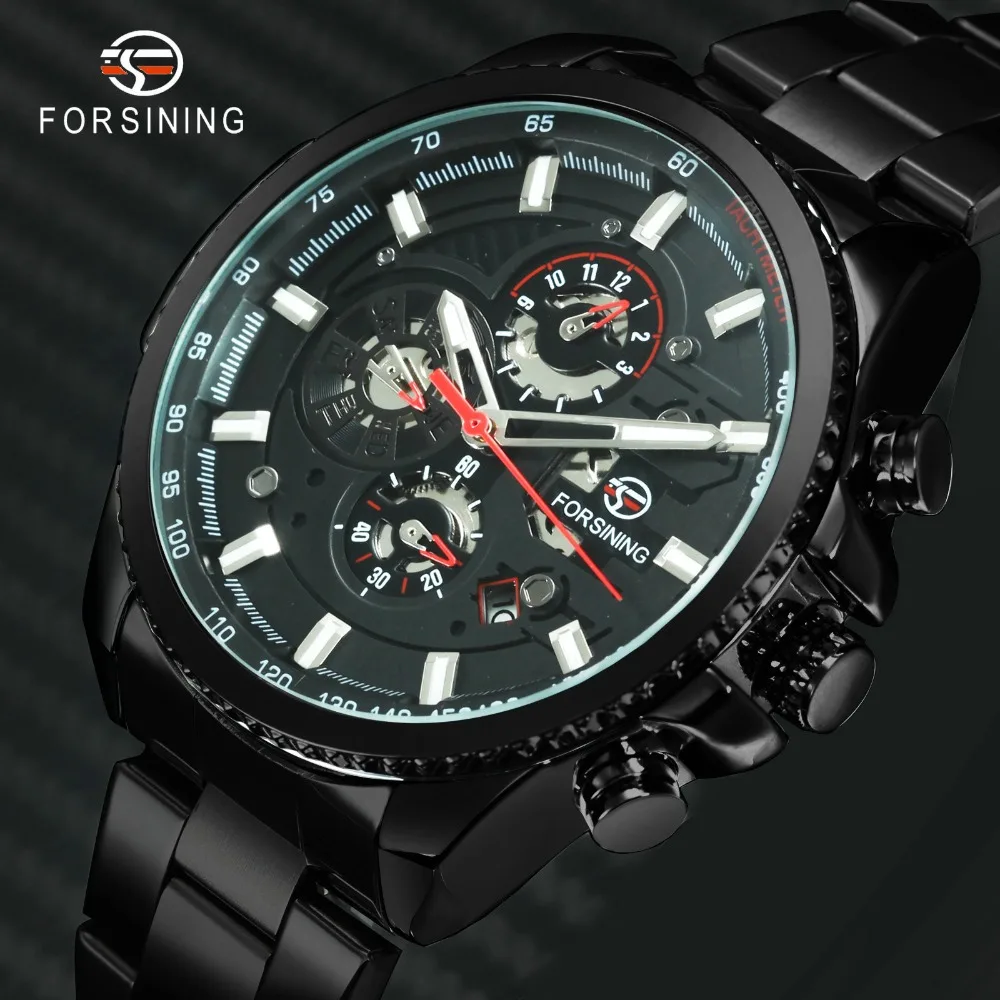 

FORSINING Military Dress Auto Mechanical Watch Men Stainless Steel Strap 3 Sub-dials 6 Calendar Date Fashion Sports Wristwatches