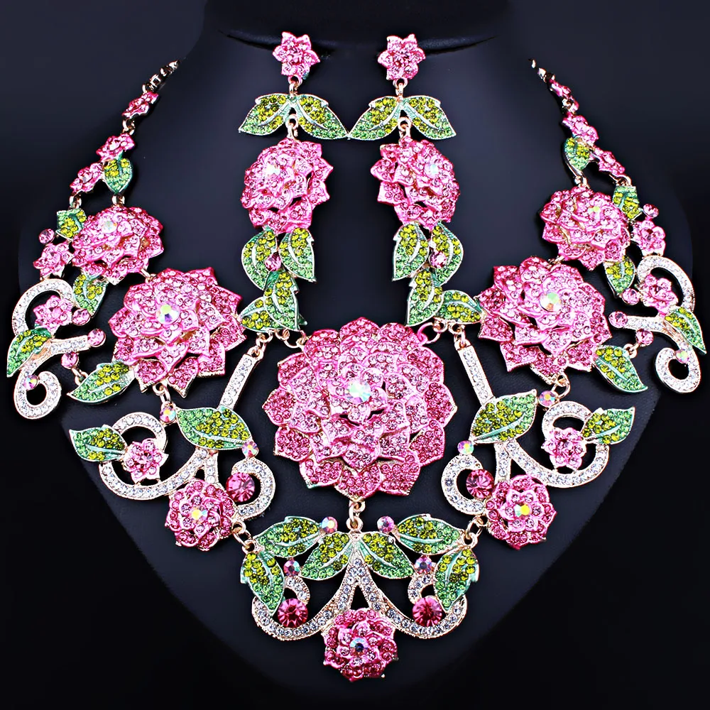 Ручная роспись 3D цветы Цепочки и ожерелья серьги комплект с Стразы модные свадебные ювелирные изделия набор