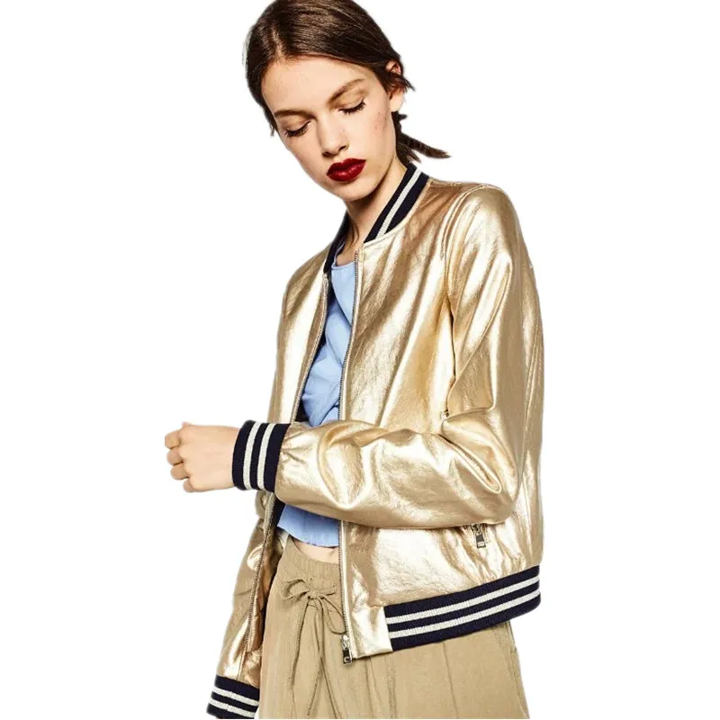 

Spring Cool Fashion Gold PU Leather Jacket Female Bomber Coat Stand Collar Striped Patchwork Silver Women's Jackets Streetwear