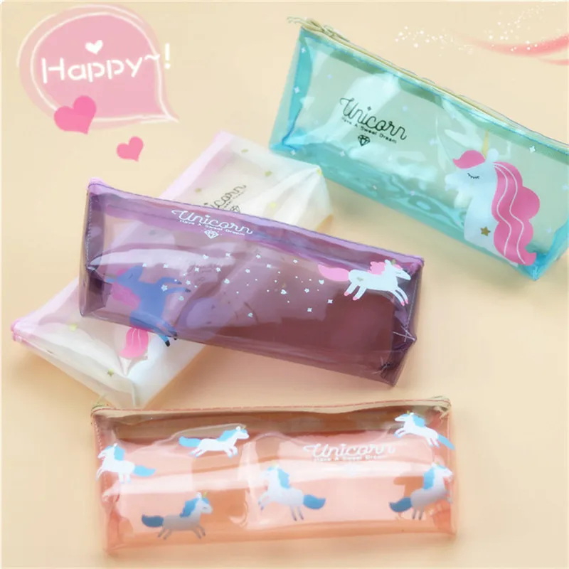 Милый школьный Карандаш Чехол Kawaii Единорог фруктов прозрачная уголовного для