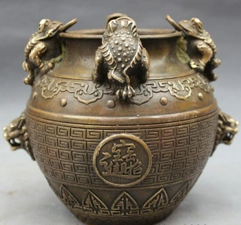 

xd 002207 China Chinese Bronze Copper Marked Folk 4 Hoptoad Coin Lion Head Statue Pot Jar