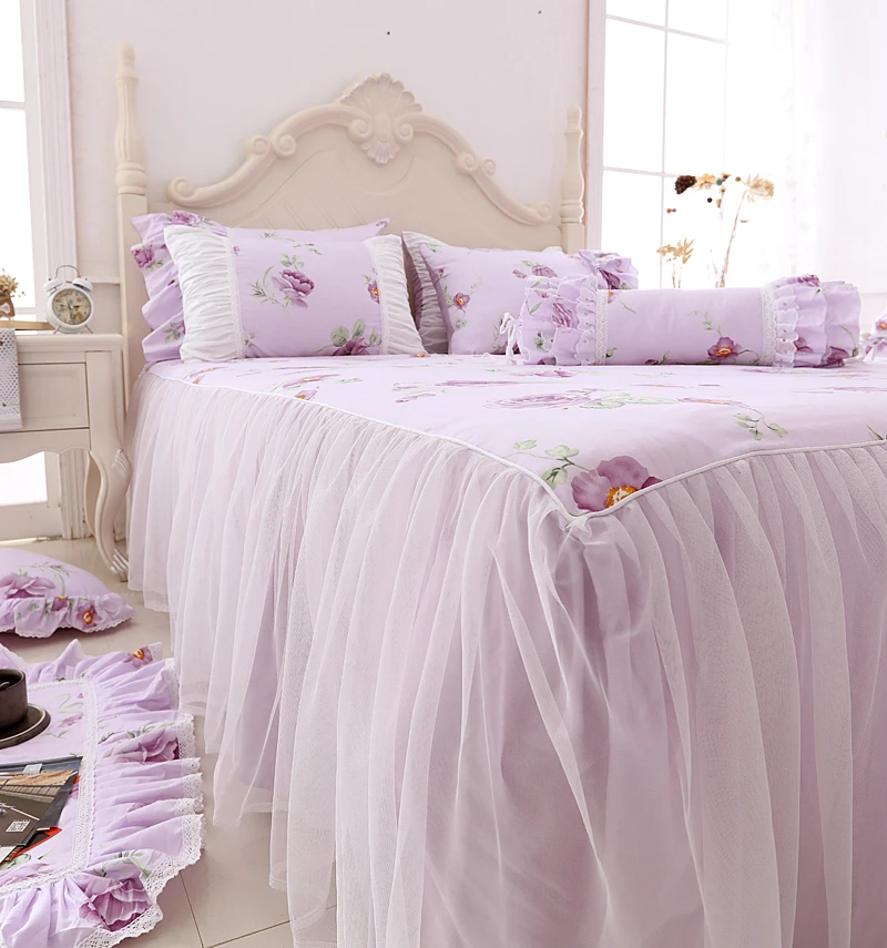 Розовый фиолетовый цветочный корейский комплект постельного белья для принцессы, Комплект постельного белья для взрослых и девочек, набор пододеяльников для кровати и юбки, наволочка