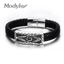 Новинка, модный мужской браслет с магнитной пряжкой, настоящий черный кожаный браслет из нержавеющей стали, масонские браслеты, мужские ювелирные изделия
