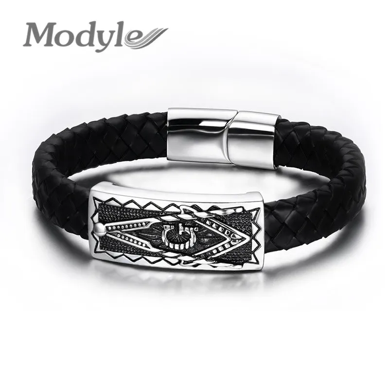 

Modyle 2019 New Cool Men Magnetic Buckle Genuine Black Leather Bracelet Stainless Steel Freemason Masonic Bracelets Men Jewelry