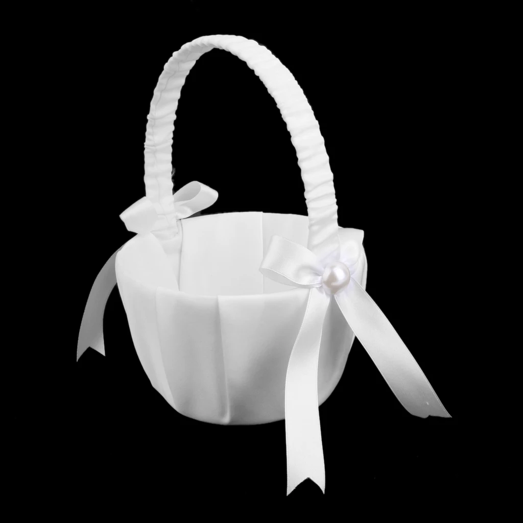 MagiDeal White Satin Pearl Flower Basket Flower Embellishment Girl Scattering Basket for Wedding Ceremony Party