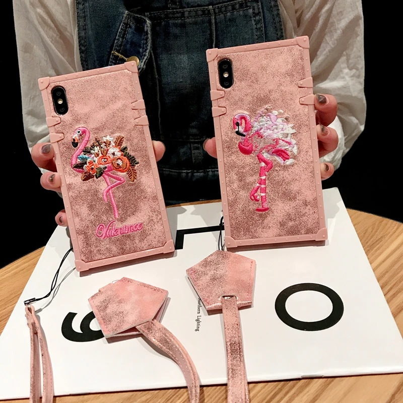

GYPHCA Luxury Flamingo PU Silicone Phone Case For iPhone 6 7 8 Plus X XS XR XSMAX Case Square Lattice Soft Case + Phone lanyard