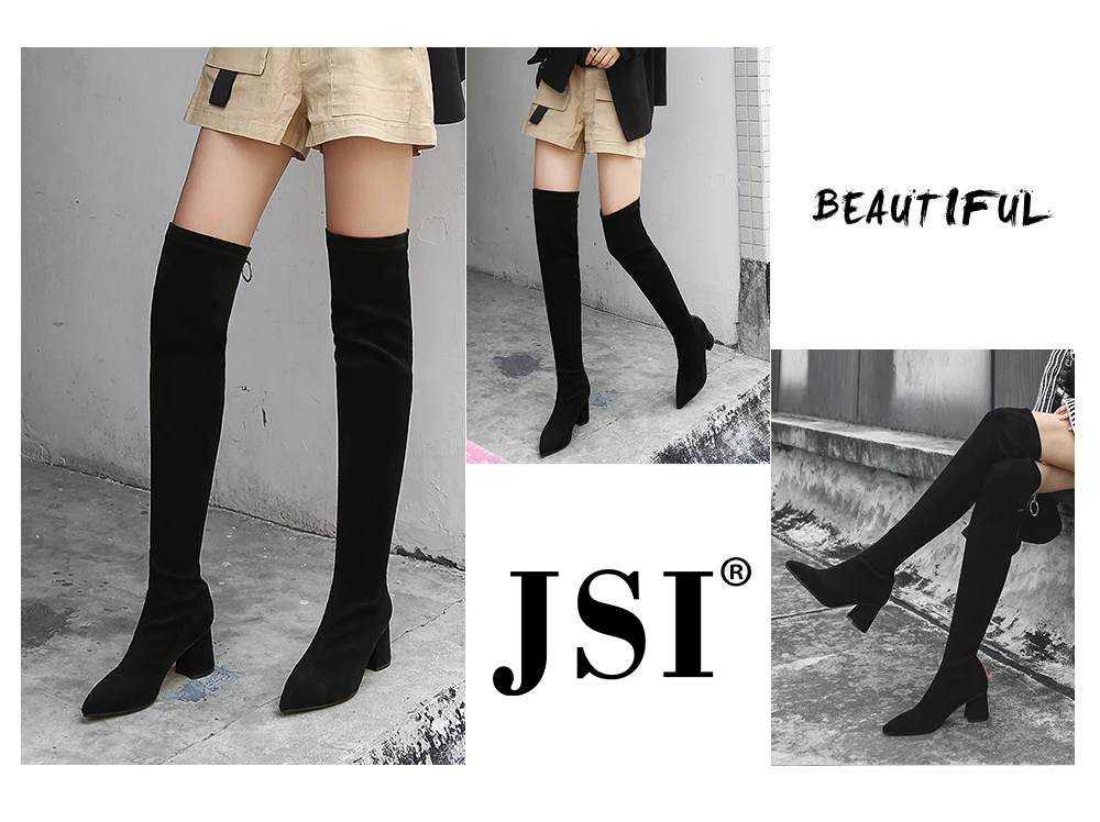 JSI Women Sexy Over The Knee High Boots Pointed Toe High Heel Flock Shoes New Fashion Square Heel Slip-On Women Boots JO272