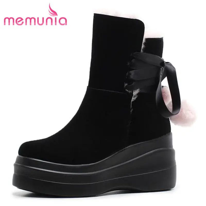 De Cruz Botas Cuñas Vaca Redonda 2018 Negro Mujeres Atado Para Nieve Moda Las brown Gamuza Tobillo Plataforma Cuero Invierno Memunia Punta BYwOq1EE