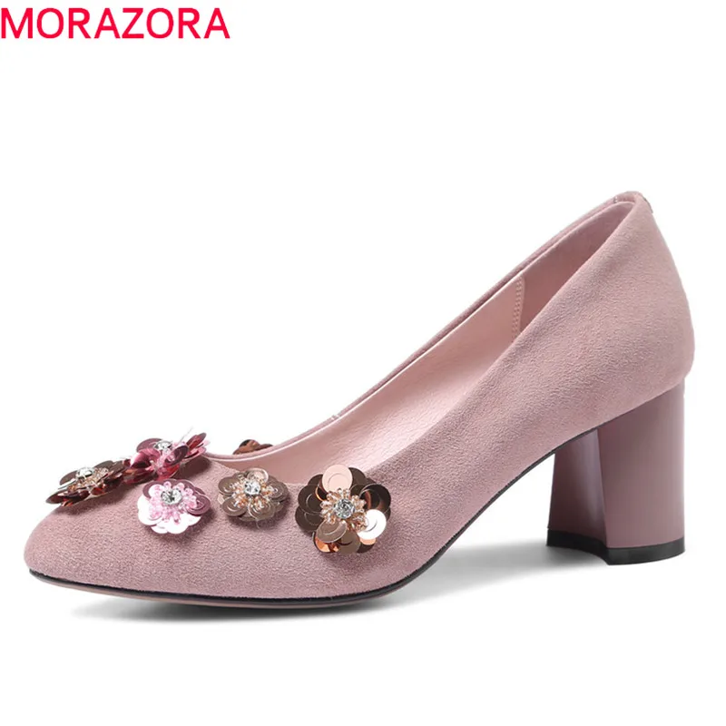 

MORAZORA 2018 new style suede leather shoes sweet flower shallow party shoes pointed toe women pumps sexy high heels shoes woman