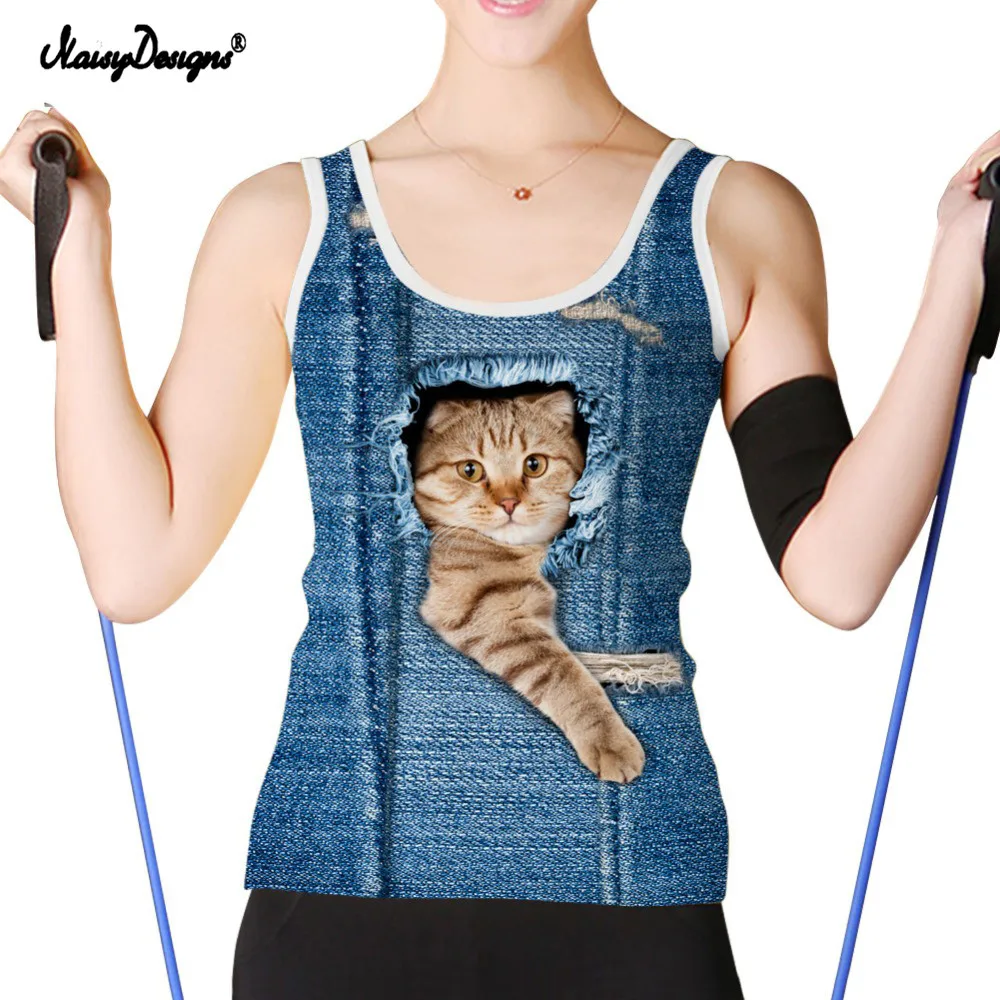 NoisyDesigs Women Tank Tops Brand Clothing 3D Denim Cat Sleeveless