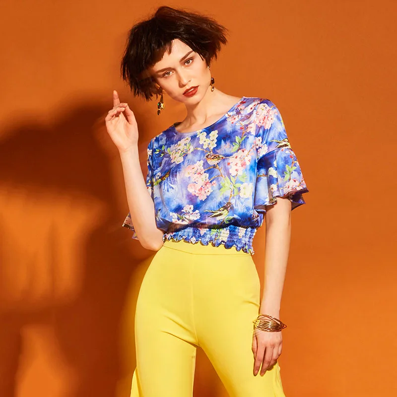 Women 2018 Spring Shirt Butterfly Sleeve Floral Ruffles Vacation Round Neck Lady Summer Fashion Casual Shirts |