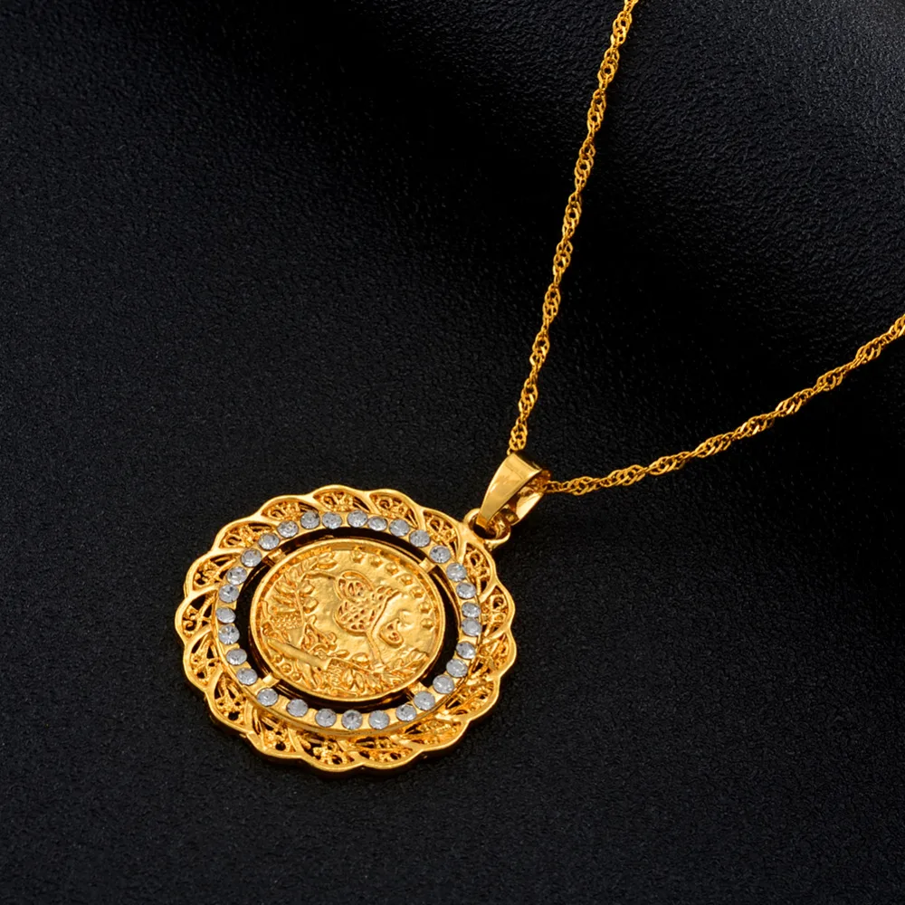 Anniyo 3,4 см Турк ожерелье с кулонами в виде монет для женщин золотой цвет индейки ювелирные изделия, маленькая Турецкая Лира Pendand подарок#042306