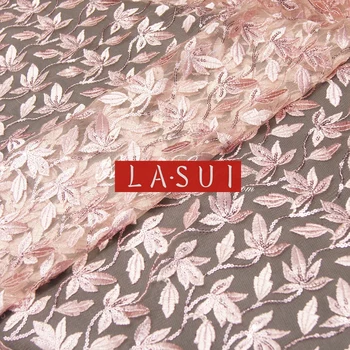 

LASUI Pink Sequin embroidery perspective soft thread yarn lace fabric with double lace fabric beige mesh shiny