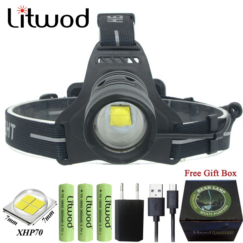 

Litwod z252808 Led Headlight XHP70 Powerful headlamp Fishing Head lamp Portable light flashlight torch zoom With Micro USB