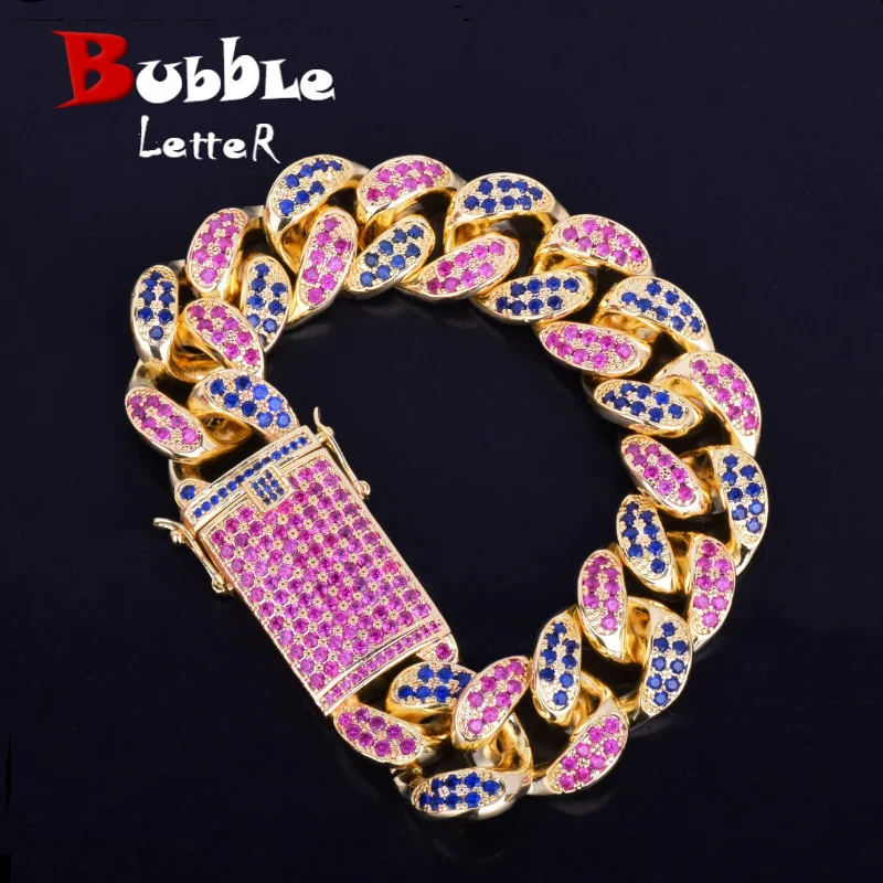 

20mm Men's Chunky Colorful Zircon Miami Cuban Link Bracelet Bling Hip hop Jewelry Gold Silver AAA CZ Cuban Chain Bracelet 20cm
