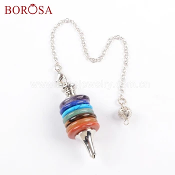 

BOROSA 8pcs Silver Multi-kind Gems Stone Beads Pendulum Pendant with 7inch Chains Fashion Jewelry WX1045