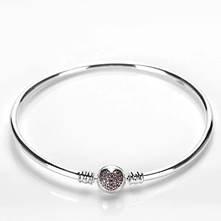 

100% 925 Sterling Silver Charm Bead Sparkling Heart with Pave Pink CZ Bracelet Basic Bangles For Women DIY Jewelry