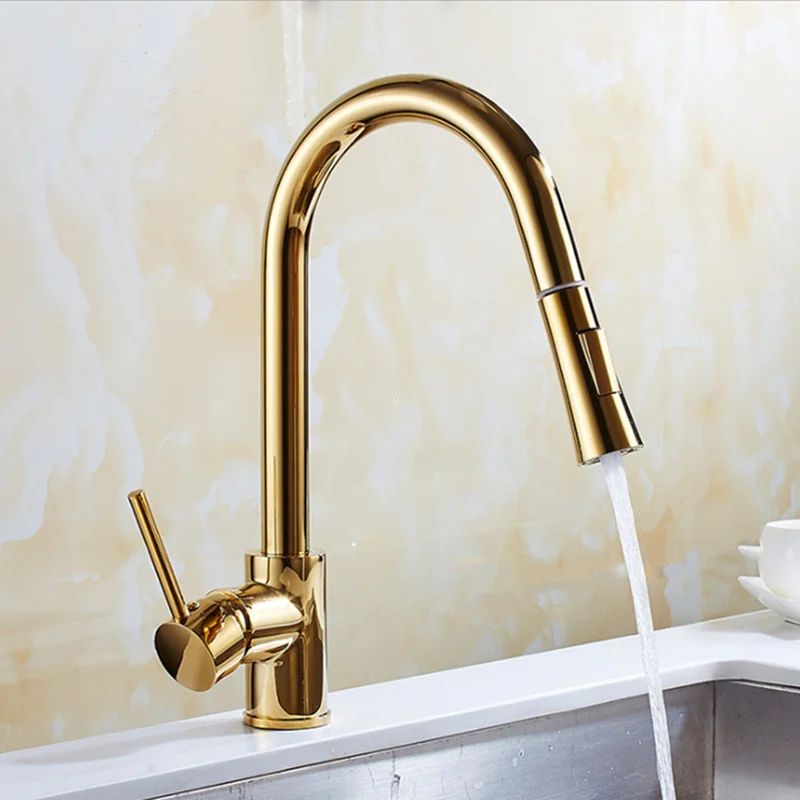 2 Functions Plating Titanium Golden Kitchen Faucet Pull Out Single