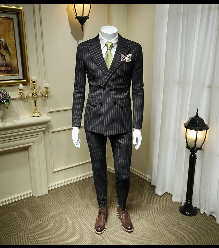 XM GEEKI европейский и американский темно-серый двубортный костюм мужские костюмы британский деловой костюм полосатый пиджак 365tz48