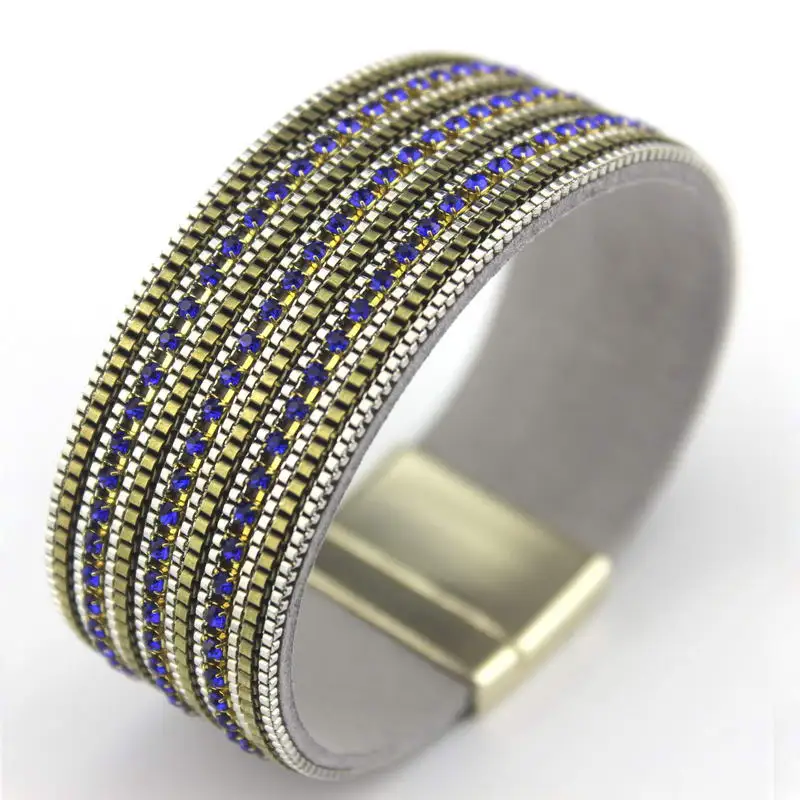 

ZWPON 2018 New Wide Magnetic Bracelets Blue Rhinestone Line Leather Cuff Bangles Charm Bracelets for Women pulseras hombre