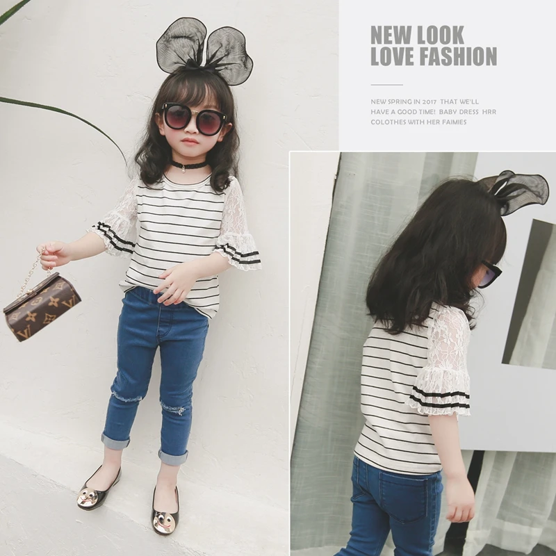 Girls child short sleeve T shirt little girl summer stripe flare sleeve