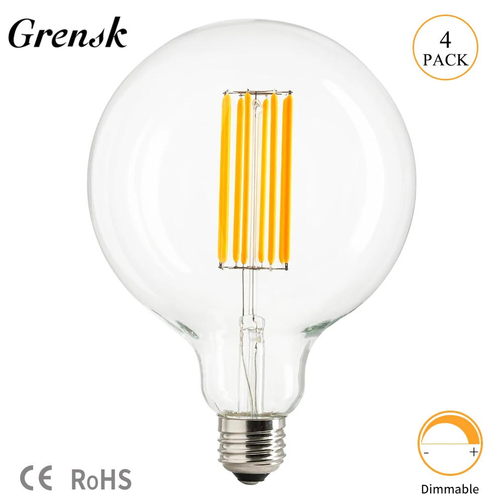 

Grensk G125 Globe Edison Led Lamp 6W Vintage LED Long Filament Bulb Super Warm 2200K E26 E27 110V 220V AC Dimmable Lights Bulb