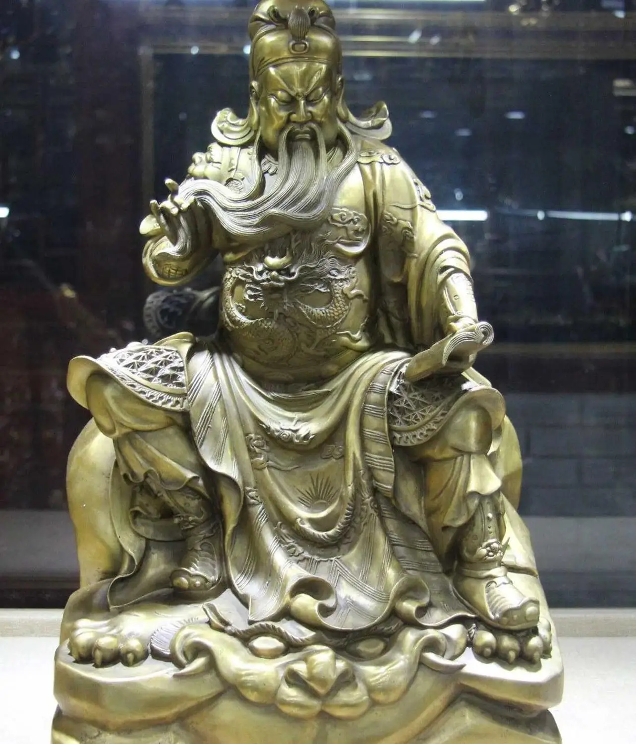 

China Brass Copper Sit Dragon Guan Gong Guan Yu Read Book Warrior God Art Statue