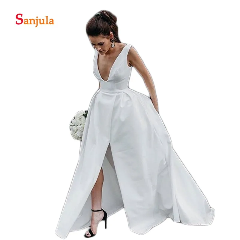 Deep V Neck White Satin Wedding Dresses Leg Slit Simple Wedding