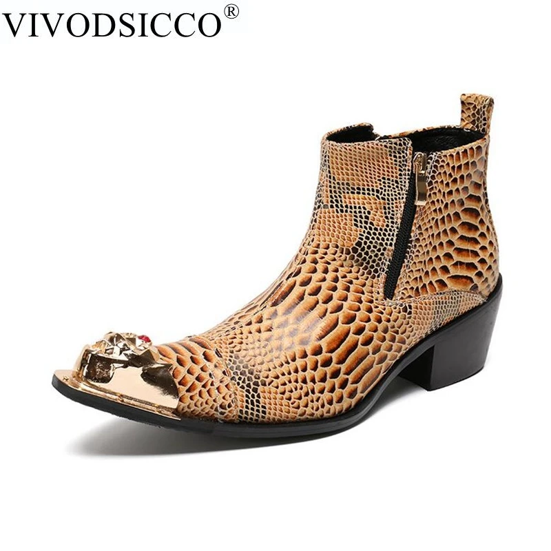 

VIVODSICCO Luxury Style Men Ankle Boots Genuine Leather Motorcycle Cowboy Boots Men Snake Skin pointed Toe Boots Dress Shoes