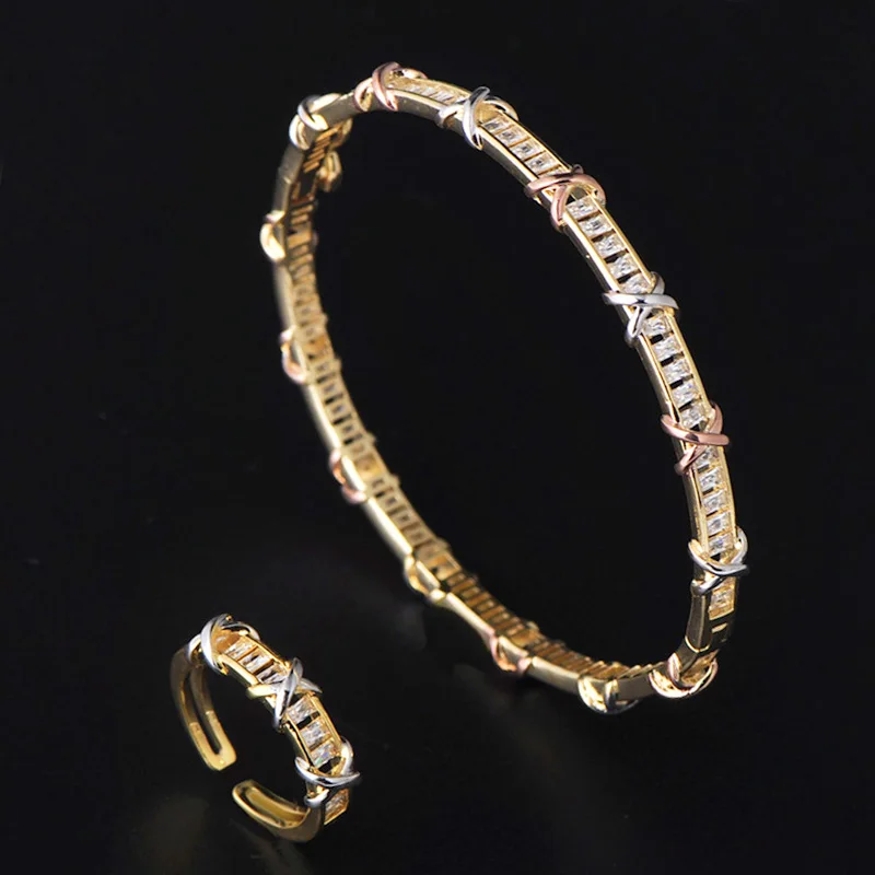 

Dazz African Exquisite Ring Bangle Jewelry Set Tricolor AAA Zircon Copper For Men's Women's Banquet Hand Charm Accessories Gift