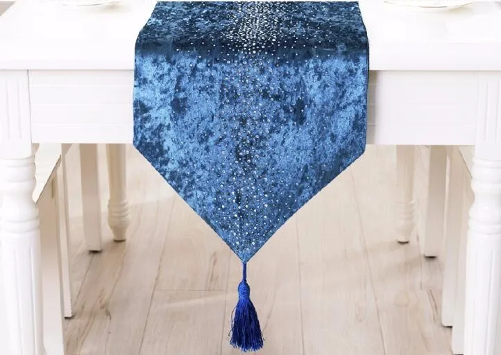 Роскошный Европейский горный хрусталь узкая скатерть стол кровать бегун мат бархат синий домашний декор для комнаты FG523