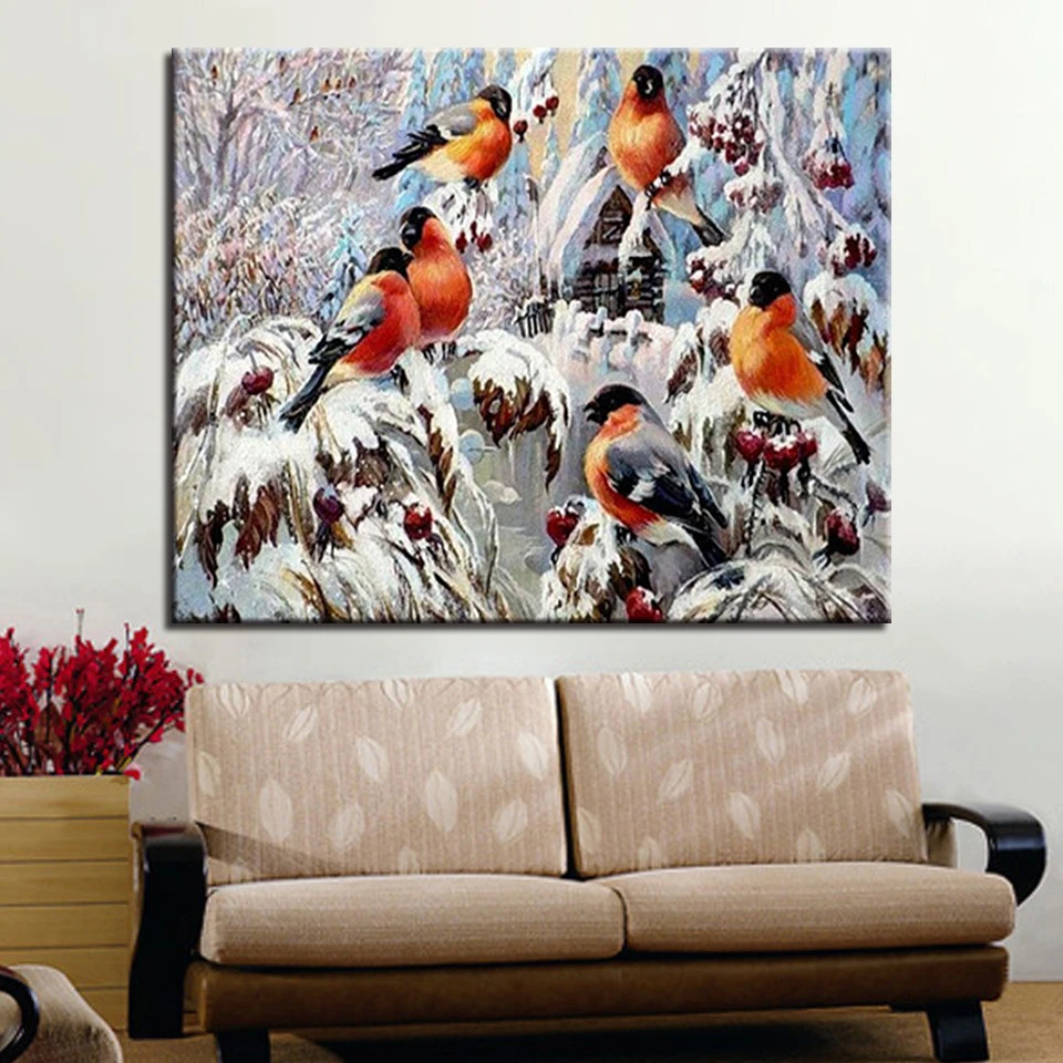 По номерам ручной DIY картина маслом Ручная роспись окраска Зимнее дерево птица на холсте настенные краски художественная картина Безрамное рисование