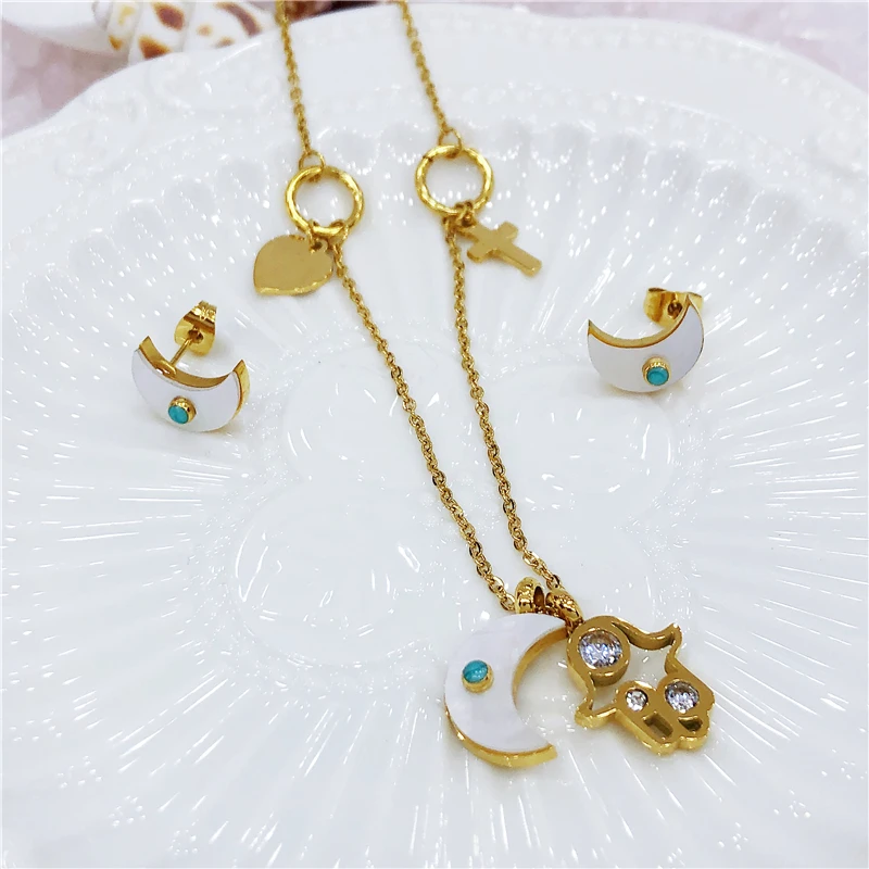 

New Hamsa Fatima Hand Necklace Women Gold Silvery Moon Heart Cross Bear Necklaces Earings Boho Pendants Stainless steel jewelry