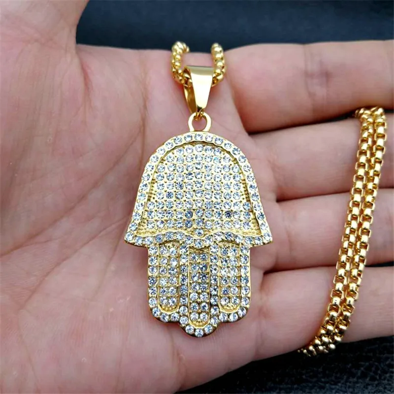 Details about / Mens Hip Hop Hand of Fatima Rhinestone Pendant Chain Necklace