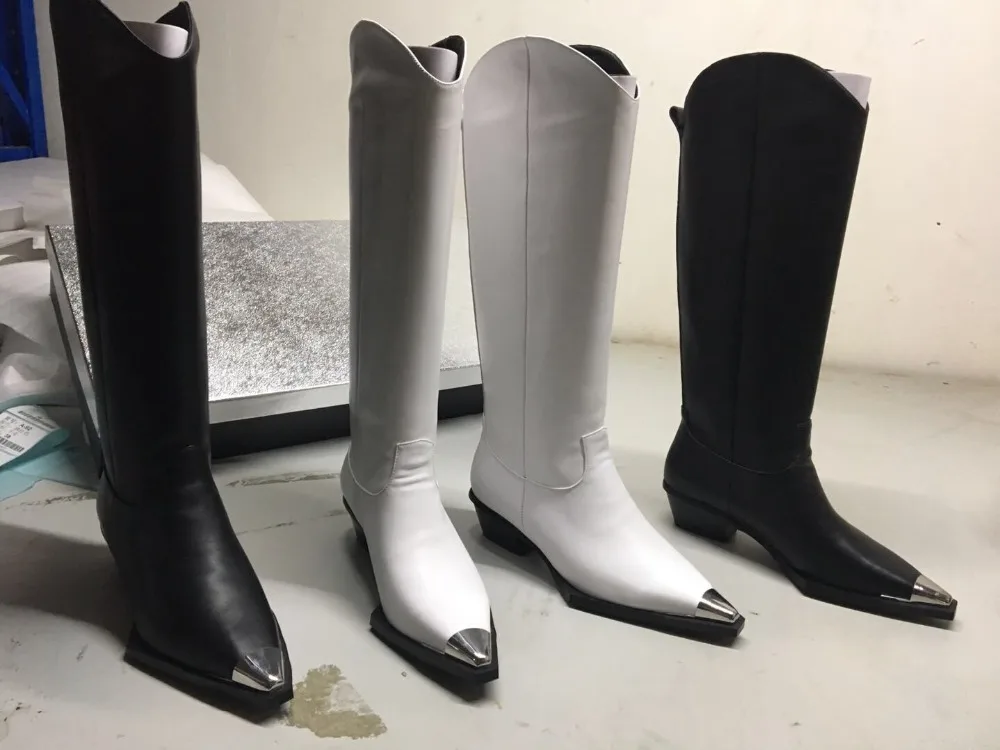 Para Las Señoras Bajo Botines Jawakye Caballero Diseñador Invierno Black Decoración Rodilla Tacón Metal Botas Puntiagudos Moto Largas Mujer w1gpHq6