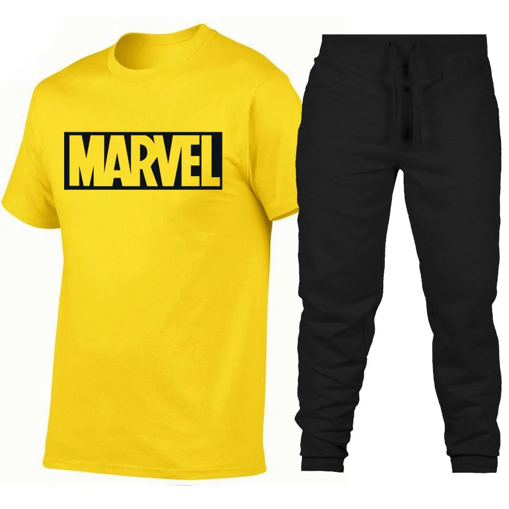 

2019 New Marvel Short Sleeve T-shirt+Trousers Men Superhero Fashion print T shirt comic Marvel tshirt men Motion pants suit
